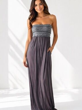 Chan Luu Strapless Gray Lace Maxi Dress Sz Medium